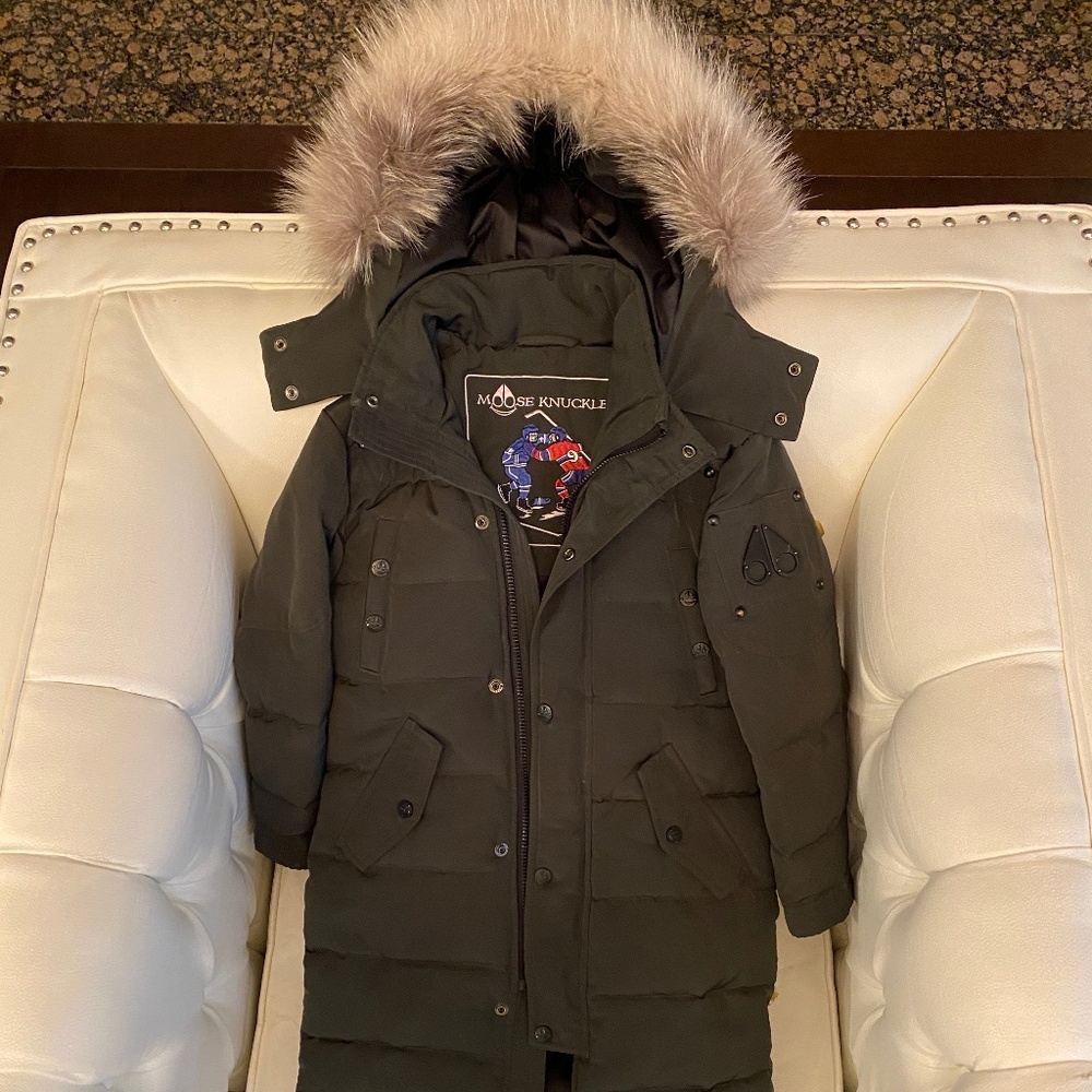 Moose Knuckles Kids Puffer Coat in Olive with Fur Trim
